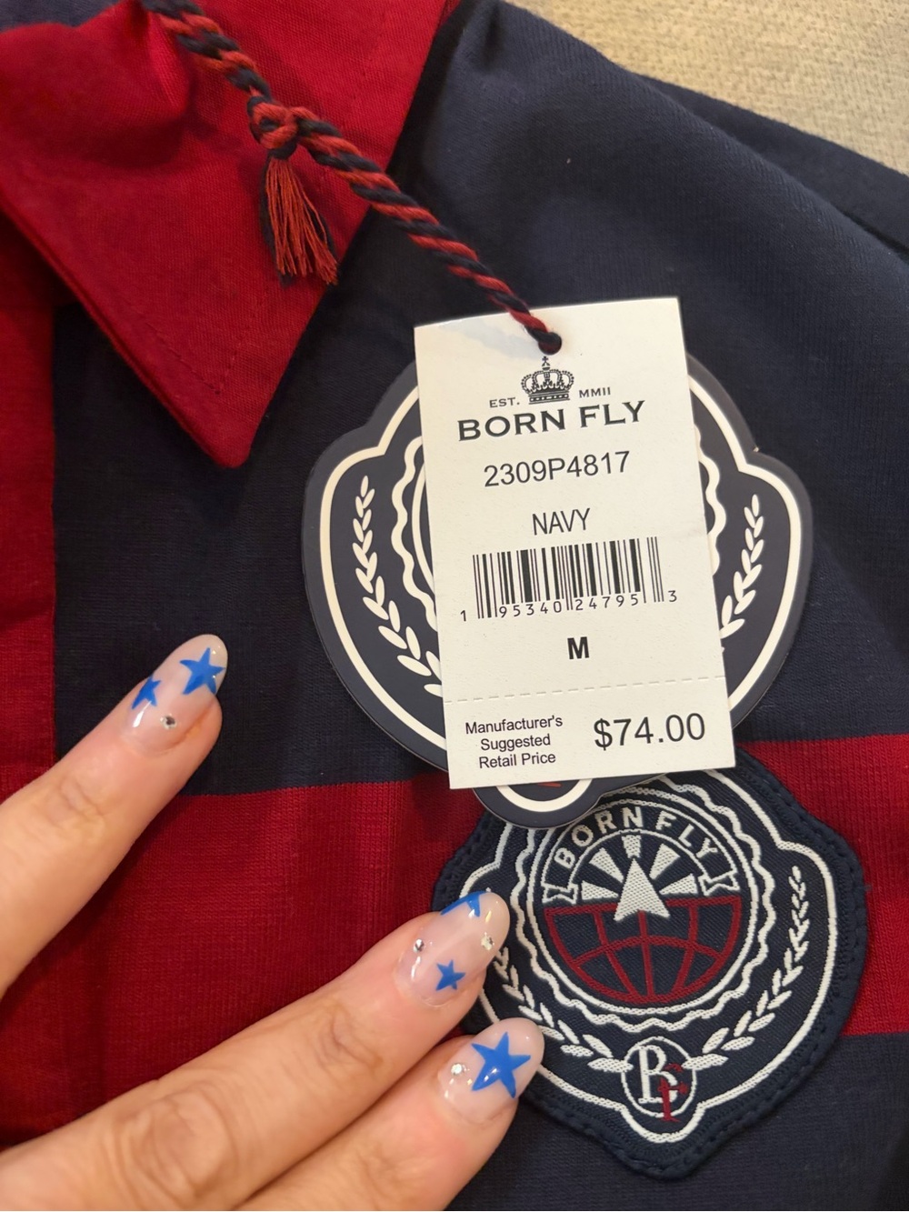 Men's Striped Rugby Polo Shirt - Navy/Red/White - Picture 3 of 4